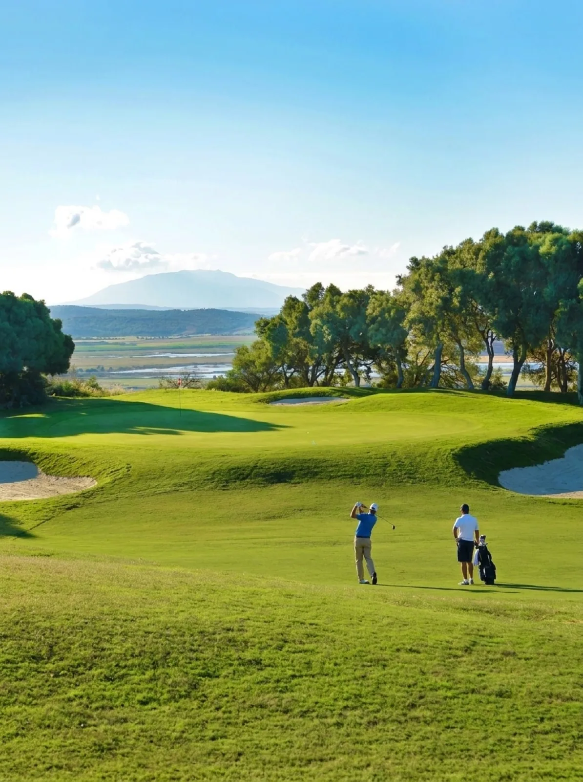 Golfer beim Abschlag mit Blick auf die Hügellandschaft, Fairplay Golf, Benalup